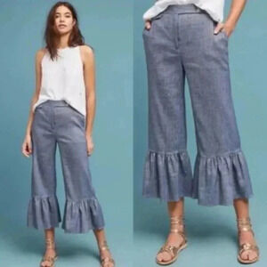 Anthropologie Blue Cropped Ruffle Pants